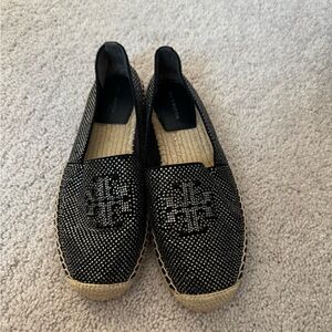 Tory Burch Black Crystal Logo Espadrille Flats